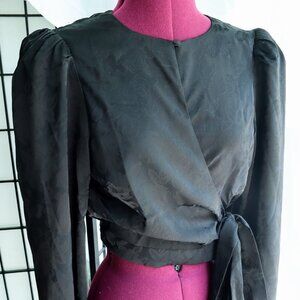 Black satin jacquard crop length wrap blouse